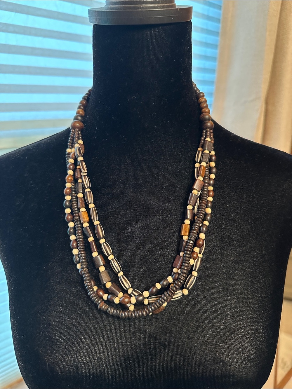 Bohemian Wooden Multi-Strand Brown and Cream Beaded Necklace